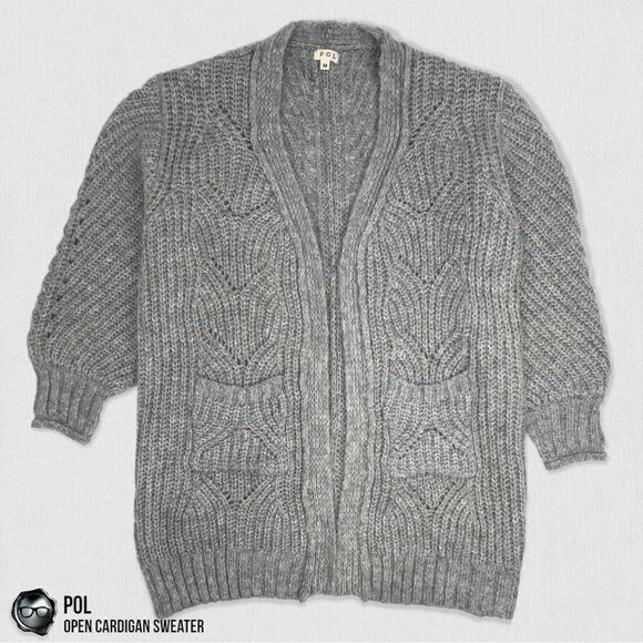 POL CHUNKY CABLE KNIT DUSTER CARDIGAN SWEATER HEATHER GREY WOMEN’S SIZE MEDIUM - Picture 6 of 15